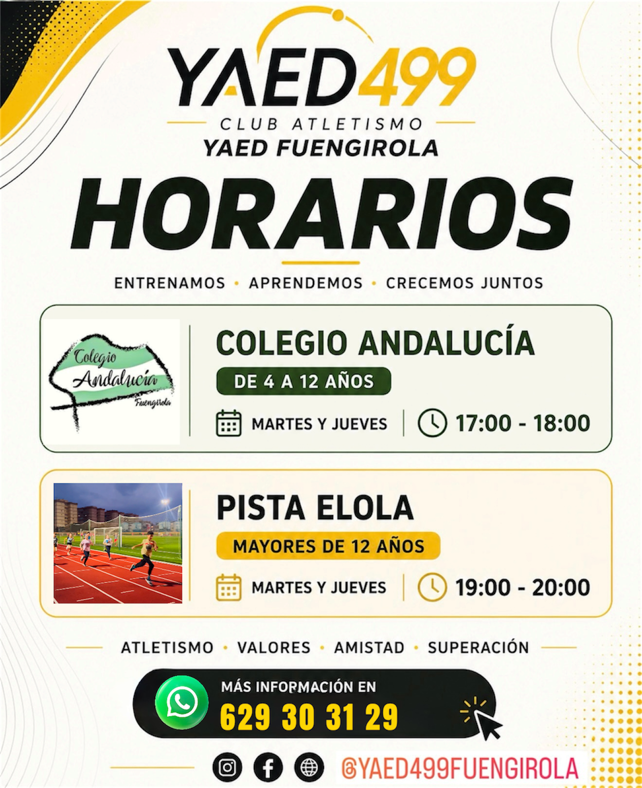 Horarios de entrenamientos en Colegio Andalucía y Pista Elola
